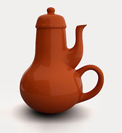 Afbeelding van een onmogelijke theepot: het handvat en de tuit zitten beide aan dezelfde kant van de pot.