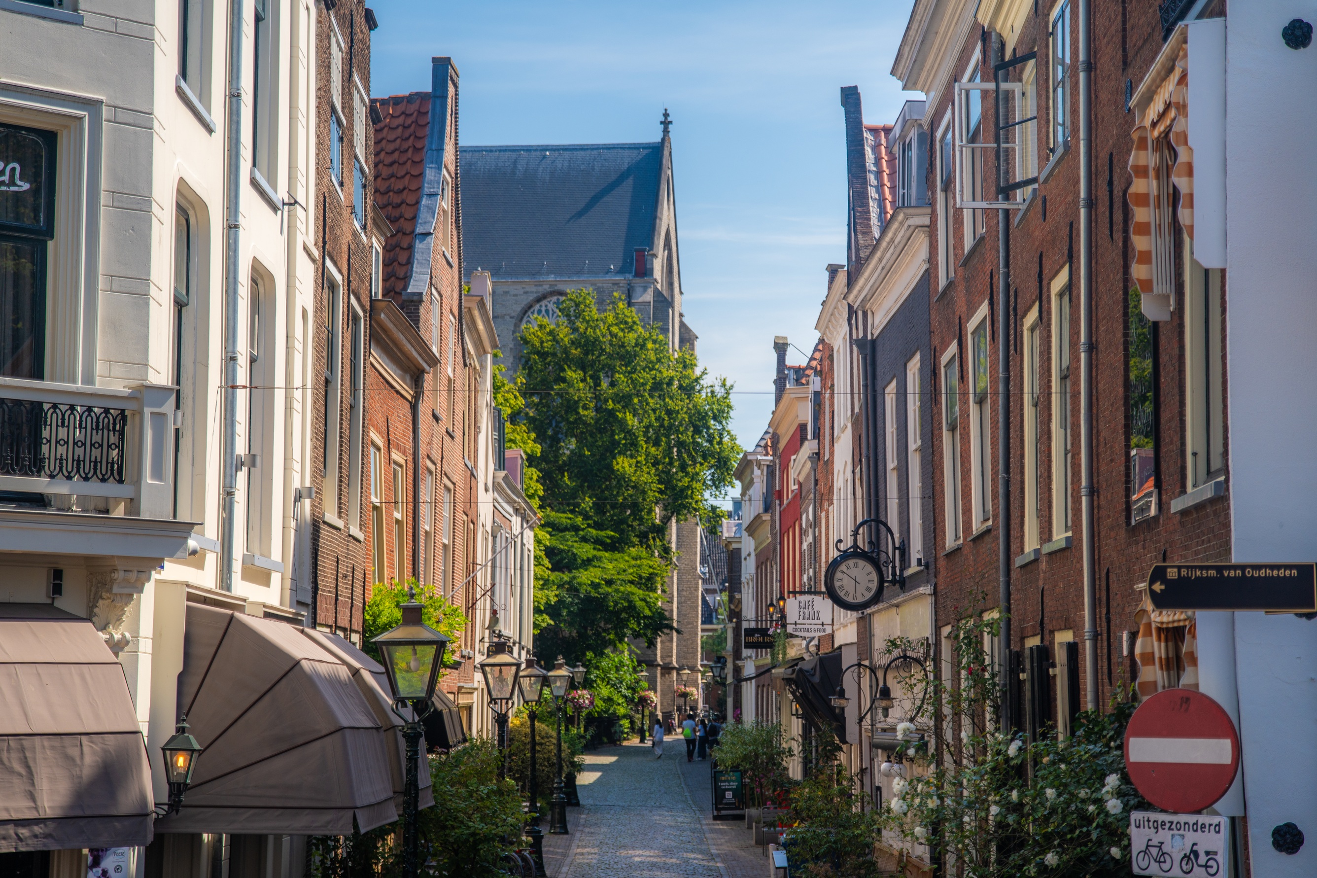 Sunlit narrow streets in the historic city centre of Leiden