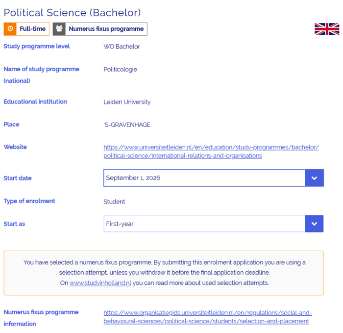 Screenshot Studielink: start date, new student