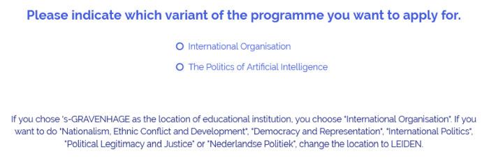 Studielink: confirm one of the two specialisations in The Hague