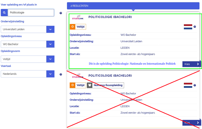 Screenshot Studielink: zoekresultaten 'Politicologie'