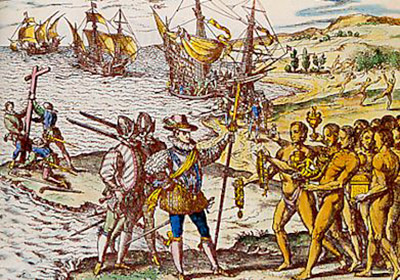 Columbus arrives at Hispaniola. Amerindians and Europeans soon started the gifting of objects that were valuable for the other. Reproduction of engraving by Theodor de Bry, 1594