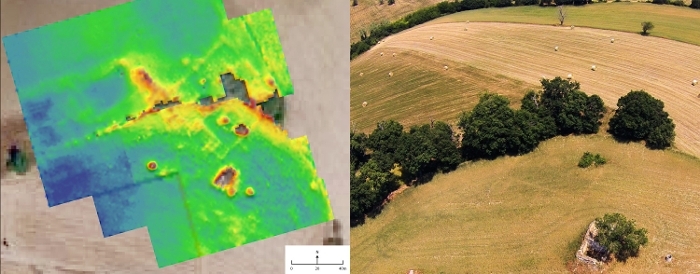 Site detected first by field survey. Preservation and extent is confirmed by geo-resistivity survey (structure visible in yellow/red; left) and drone imagery (right).