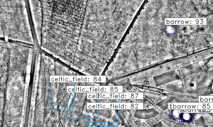 Een landschapsscan met daarop tekens gemaakt door een programma dat gebruik maakt van kunstmatige intelligentie