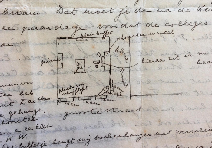 A letter from Oort to his brother Hein, with a sketch and description of his room in Groningen. ‘[...] so that you can imagine how fine it would be if we were to sit together here when you came to visit,’ he writes to his brother. (Photo: Oort Archives)