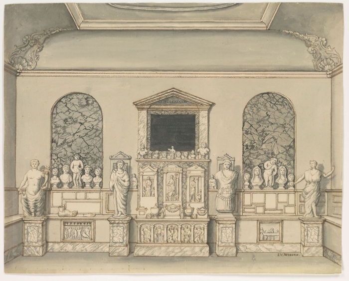 De eerste stukken in de collectie van het Archeologisch Cabinet, zoals ze eind 18e eeuw stonden opgesteld in de Oranjerie van de Hortus Botanicus.