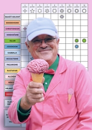 Een man met een pet op en roze labjas aan houdt een ijsjehoorntje vast waarop roze hersenen liggen.