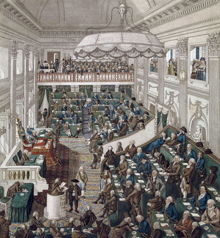 1796: Session of the first National Assembly of the Batavian Republic with a full public gallery. View in the assembly room (former ballroom of the Stadholder’s Palace) with its members. Print by George Kocksen (1797)/Rijksmuseum Amsterdam