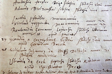 A photo of Rembrandt's matriculations at Leiden University from 1620.