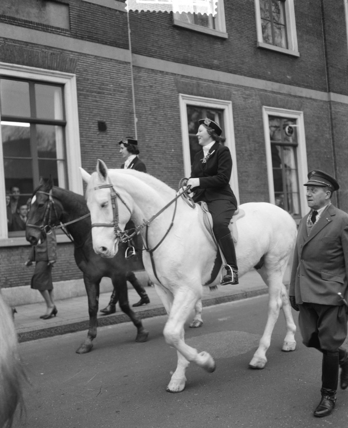 Princess Beatrix on horseback during the WSL anniversary celebrations in 1960.