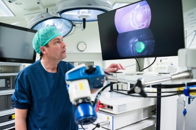 Door het beeld van de fluorescentiecamera over die van een gewone camera heen te leggen, kan de chirurg de oplichtende tumorcellen zien en deze zeer precies verwijderen.