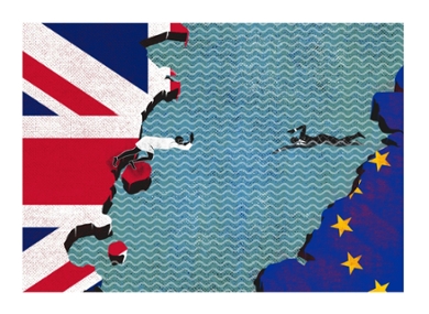 Afbeelding van het Verenigd Koninkrijk links en de EU rechts, met twee zwemmers die over Het Kanaal naar elkaar willen zwemmen.