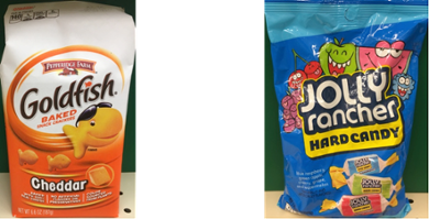 Een voorbeeld van twee snacks waar de proefpersonen in Judith Schomakers onderzoek uit moesten kiezen.