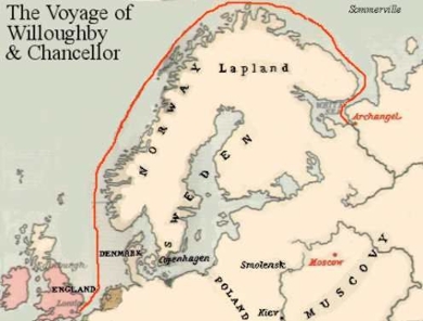 The route taken by the expedition of the Edward Bonaventure, during which Richard Chancellor discovered the North Cape.