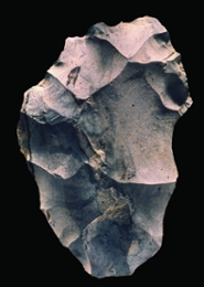 Een stuk prehistorisch bewerkt steen, gebruikt als gereedschap door mensachtigen