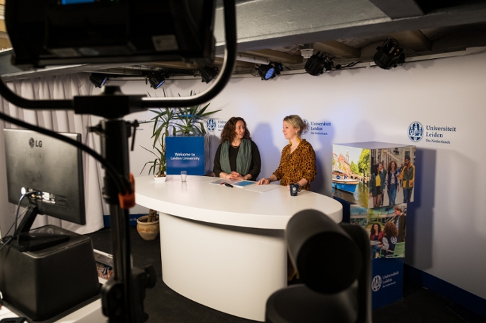 Daniëlle Chevalier (left) and Maartje van der Woude (right) in the recording studio. They gave a webinar on the new master’s programme in Law and Society.