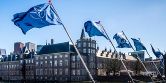 Een rij met NAVO-vlaggen die wapperen naast de Hofvijver in Den Haag.