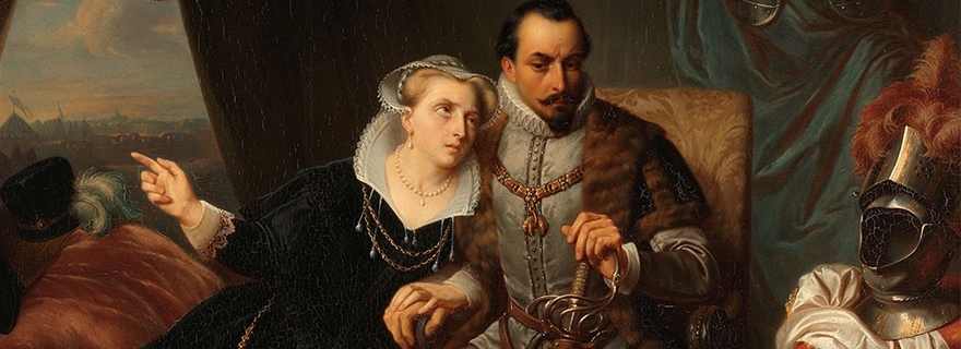 Magdalena Moons smeekt haar verloofde Francisco Valdez de bestorming van Leiden nog een nacht uit te stellen, 1574: scène uit de Tachtigjarige Oorlog, Simon Opzoomer, 1840 - 1850