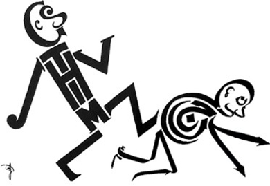 Caricature depicting new Latin letters kicking out the Arabic letters