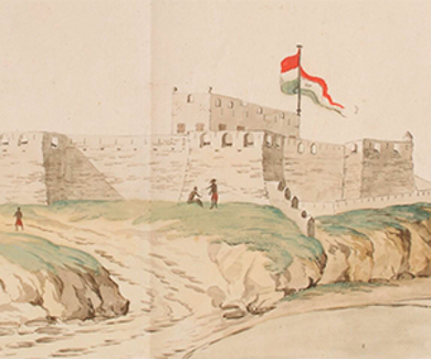 Gijsbert Heermans. Schets van het Nederlands fort Crèvecoeur aan de kust van Ghana, 1706. Collectie Het Scheepvaartmuseum, Amsterdam