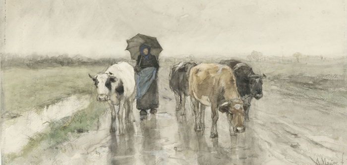 Een schilderij van een boerin met vier koeien op een landweg tijdens een regenbui. Zij draagt een zwarte en blauwe jurk en houdt een zwarte paraplu op haar rechter schouder.