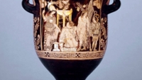 Pottery: red-figured bell-krater (wine-bowl) with Orestes kneeling beside the omphalos and tripod at Delphi, as he seeks sanctuary from the avenging Furies. Athena and Apollo intervene on his behalf and he is purified of the killing of his mother.