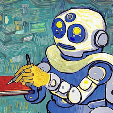 a robot writing a text with a pen, by van Gogh, epic composition