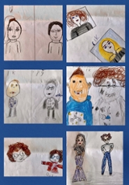 Collage van tekeningen van leerlingen en professoren