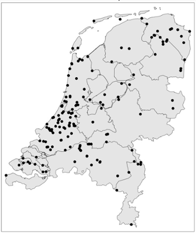 Map with the 153 Dutch locations that were measured.