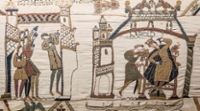 De oudste bekende afbeelding van de komeet van Halley op het tapijt van Bayeux met gebeurtenissen in het jaar 1066.