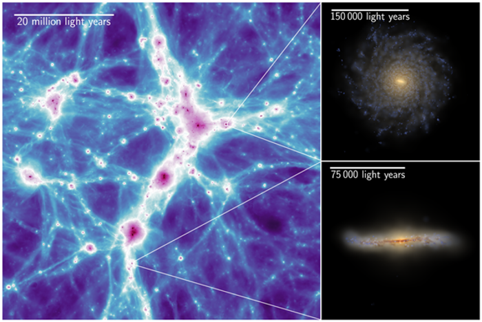 Visual impressions of the COLIBRE simulations. The left panel shows the cosmic web, with colours representing the density of gas and stars. The right panels zoom in on two galaxies: top shows the stellar light obscured by dust for a disc galaxy seen face-on the bottom shows another disc galaxy seen edge-on. (c) Schaye et al. (2026)