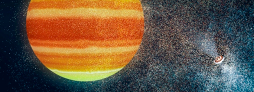 Artistieke impressie van een leefbare planeet (midden) bij een pulsar (rechts).