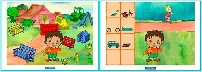 Figuur 1. Digitale onderwijsinterventie Samenslim: Zoek Sanne die zich achter een van de objecten (links) verstopt of stel een object samen uit verschillende delen (rechts).