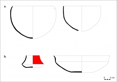 a. De oudste potvormen van Chemin Saint-Louis (2500 v.Chr.); b. De jongere potvormen van dezelfde vindplaats (0–400 n.Chr.).