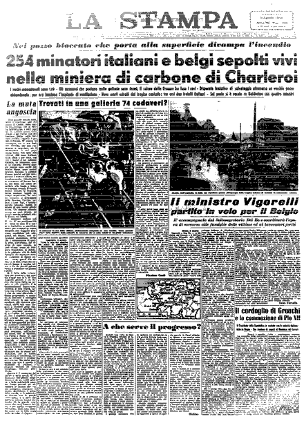 La Stampa front page after the Marcinelle mining disaster in 1956 in Belgium. 136 Italian miners lost their lives in the tragedy.