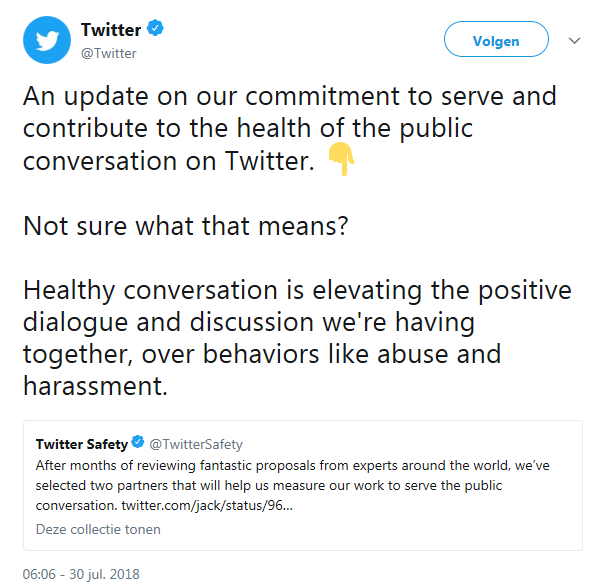Tweet die het ‘health of public conversation’ initiatief aankondigt