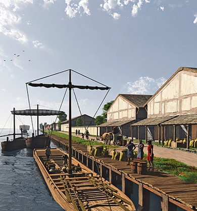 Reconstruction of Roman harbour at Voorburg-Arentsburg. Artwork by Mikko Kriek